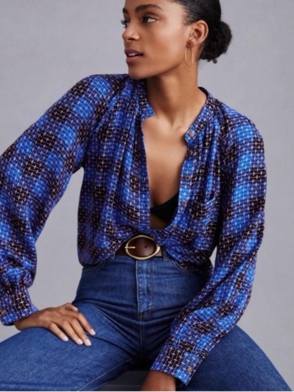 Pilcro plaid cross-stitch blouse in blue and pink, XXSP